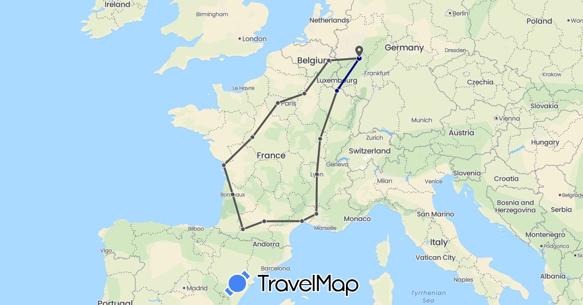 TravelMap itinerary: driving, motorbike in Belgium, Germany, France (Europe)